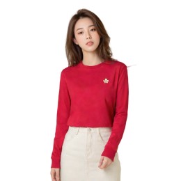 【訂製紅色拼接長袖T恤】|紅色主色|圓形領口設計|長袖款式|袖口與領口深紅拼邊|左胸花朵刺繡細節|長袖T恤公司    T1193 【訂製紅色拼接長袖T恤】|紅色主色|圓形領口設計|長袖款式|袖口與領口深紅拼邊|左胸花朵刺繡細節|長袖T恤公司    T1193